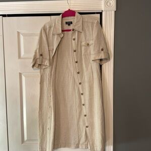 Tahari pocketed linen shirt dress.